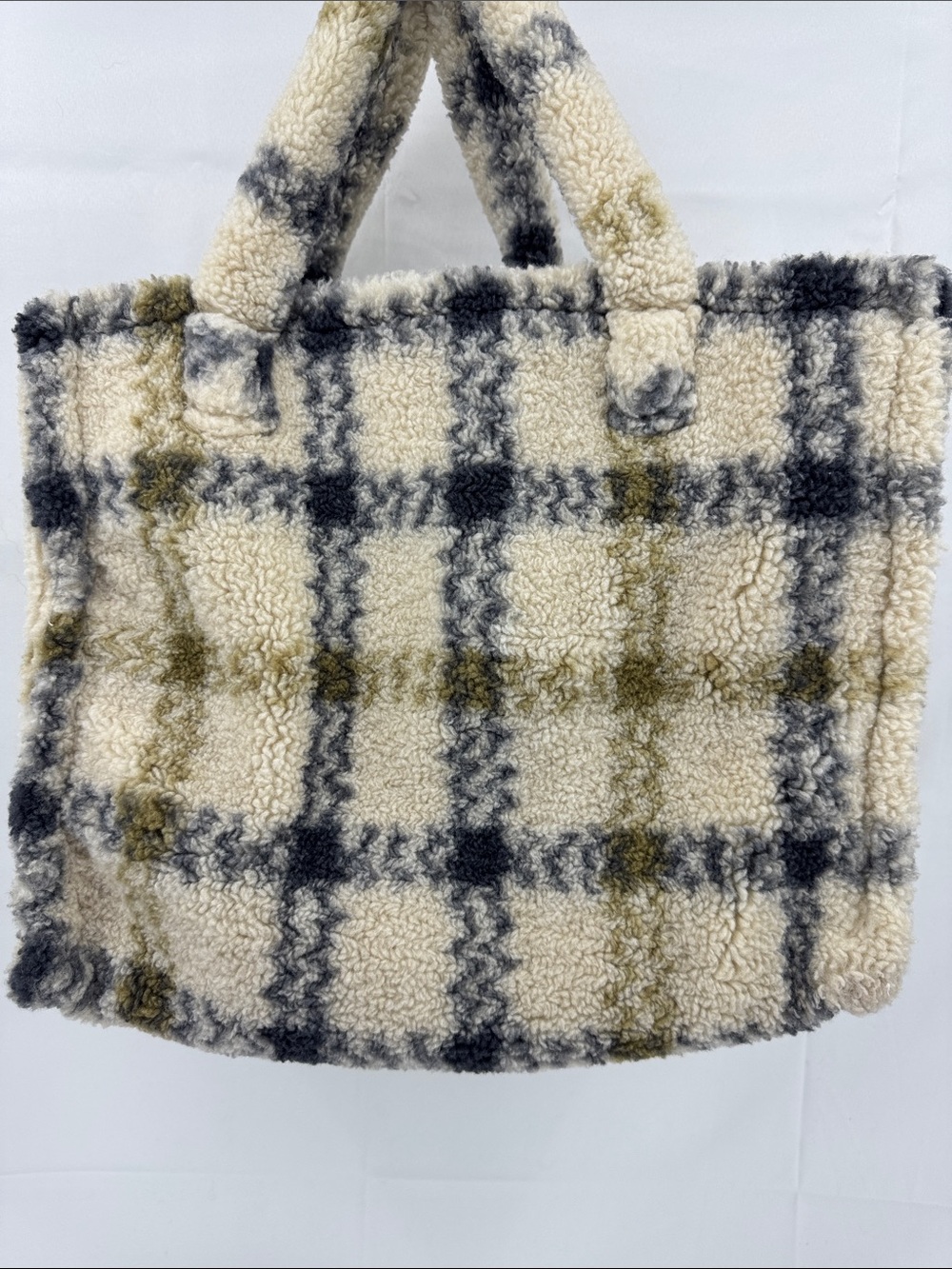 Hat Attack Teddy Tote Cozy Plaid Large Sherpa Faux Fur Bag in Cream, Gray & Tan